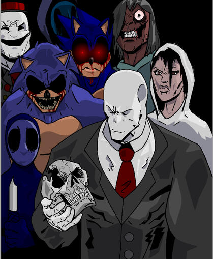 Redraw of part of the Invincible Compendium: Vol. III cover, featuring several popular creepypasta characters.