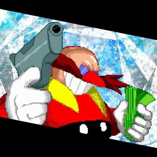 Classic Eggman holding a gun in one hand, cash in the other.